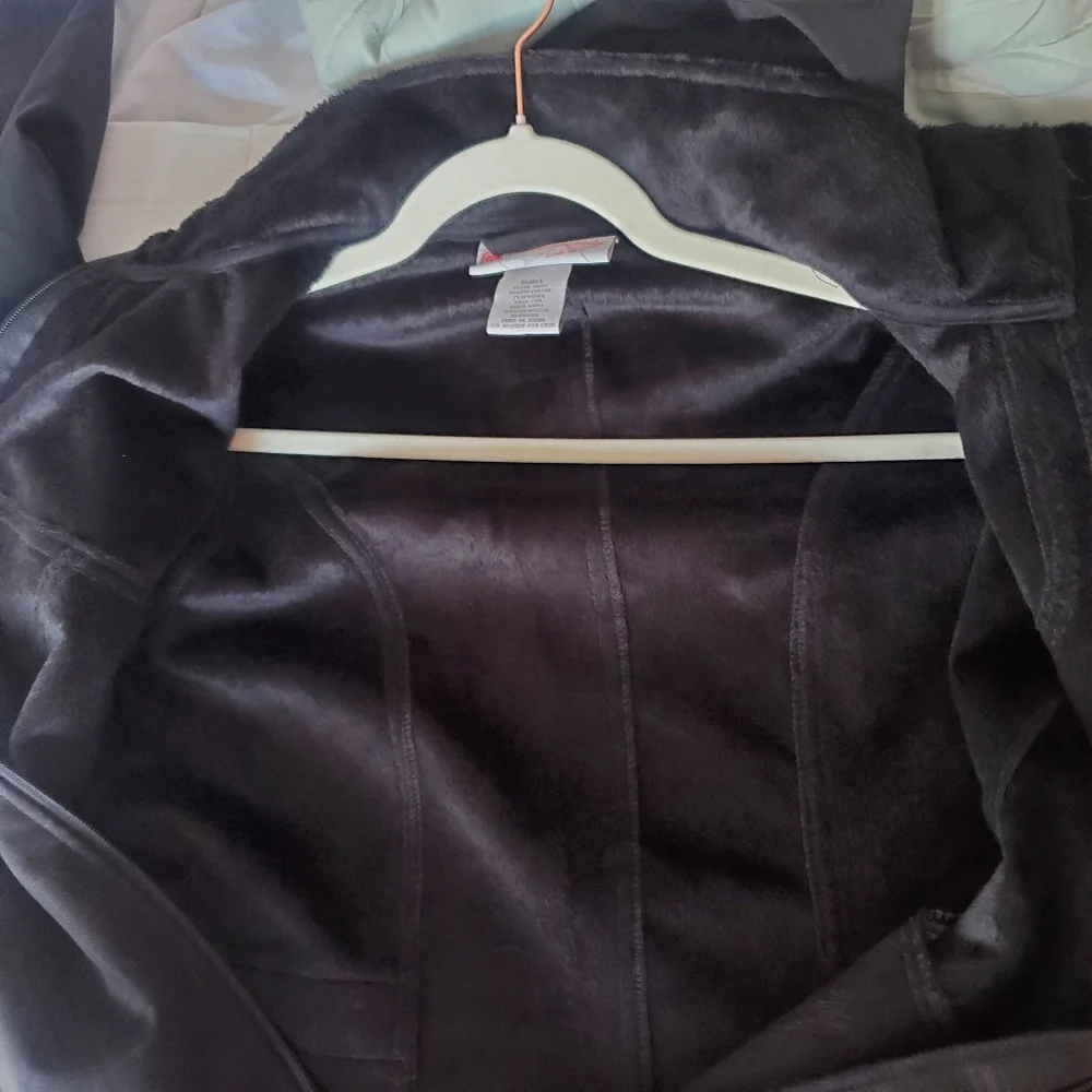 Free Country Woman's Black Plaid Hooded Trench Coat With Faux Fur Lining Sz S - Picture 5 of 16